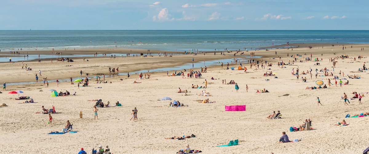 A crowded beach with people sunbathing and swimming.