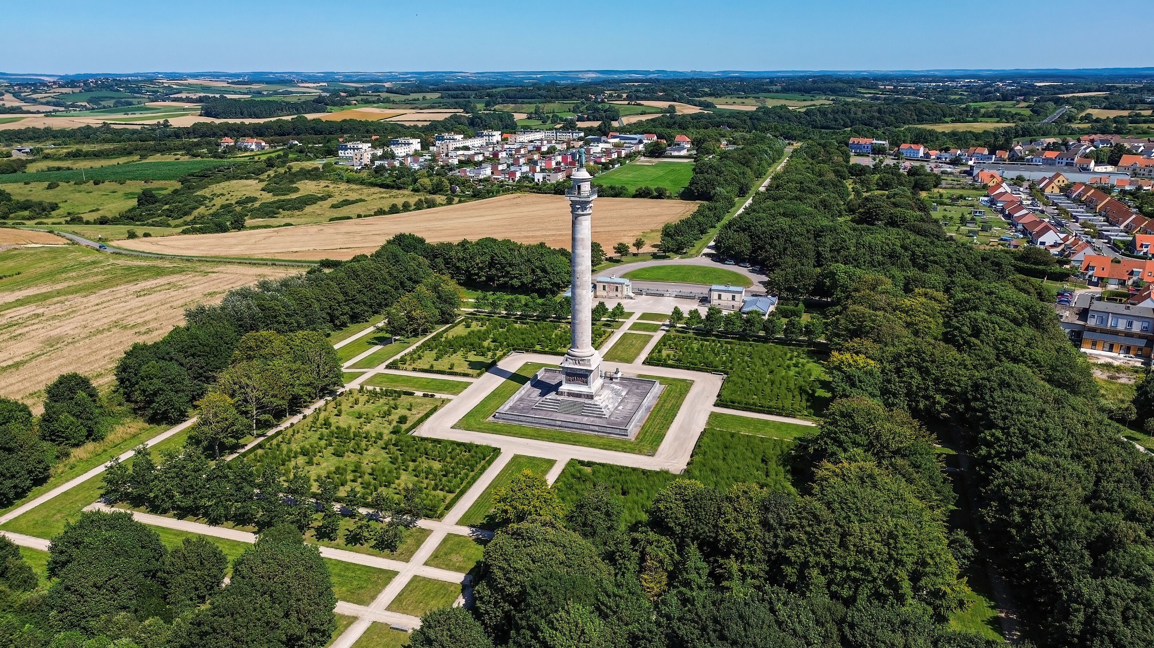 Aerial view of the Column of the Grande Armée, a triumphal column topped by a bronze statue of Napoleon Bonaparte located  near the English Channel in Boulogne-sur-Mer, France