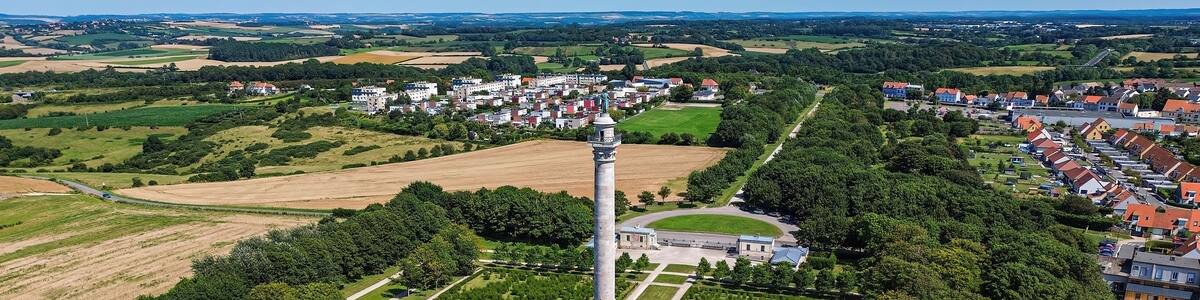 Aerial view of the Column of the Grande Armée, a triumphal column topped by a bronze statue of Napoleon Bonaparte located near the English Channel in Boulogne-sur-Mer, France