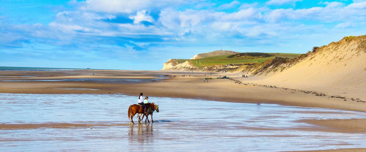 A beach with horses and riders, a distant hill, and a clear sky.