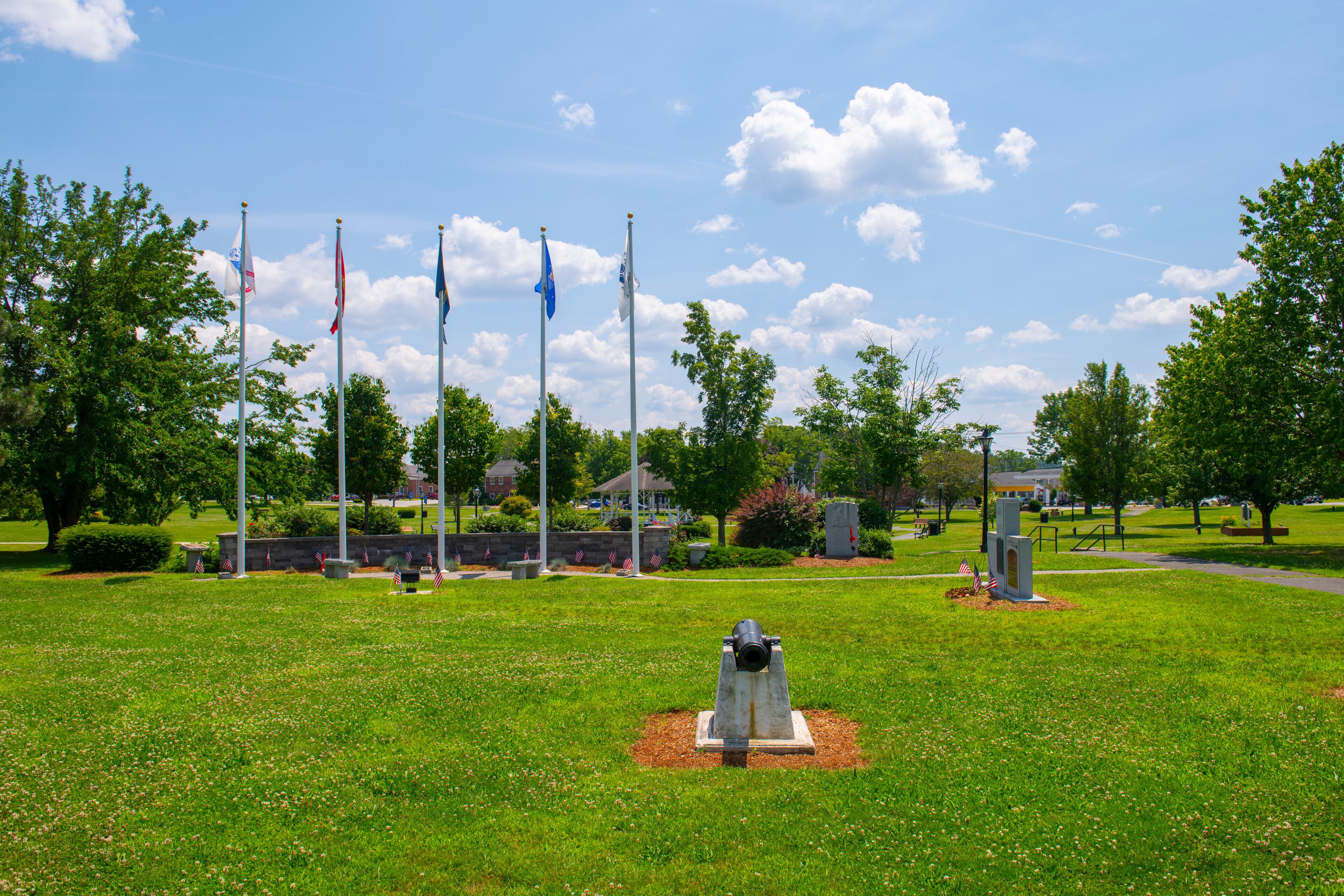 Burlington Town Common in summer in historic town center of Burlington, Massachusetts MA, USA. 