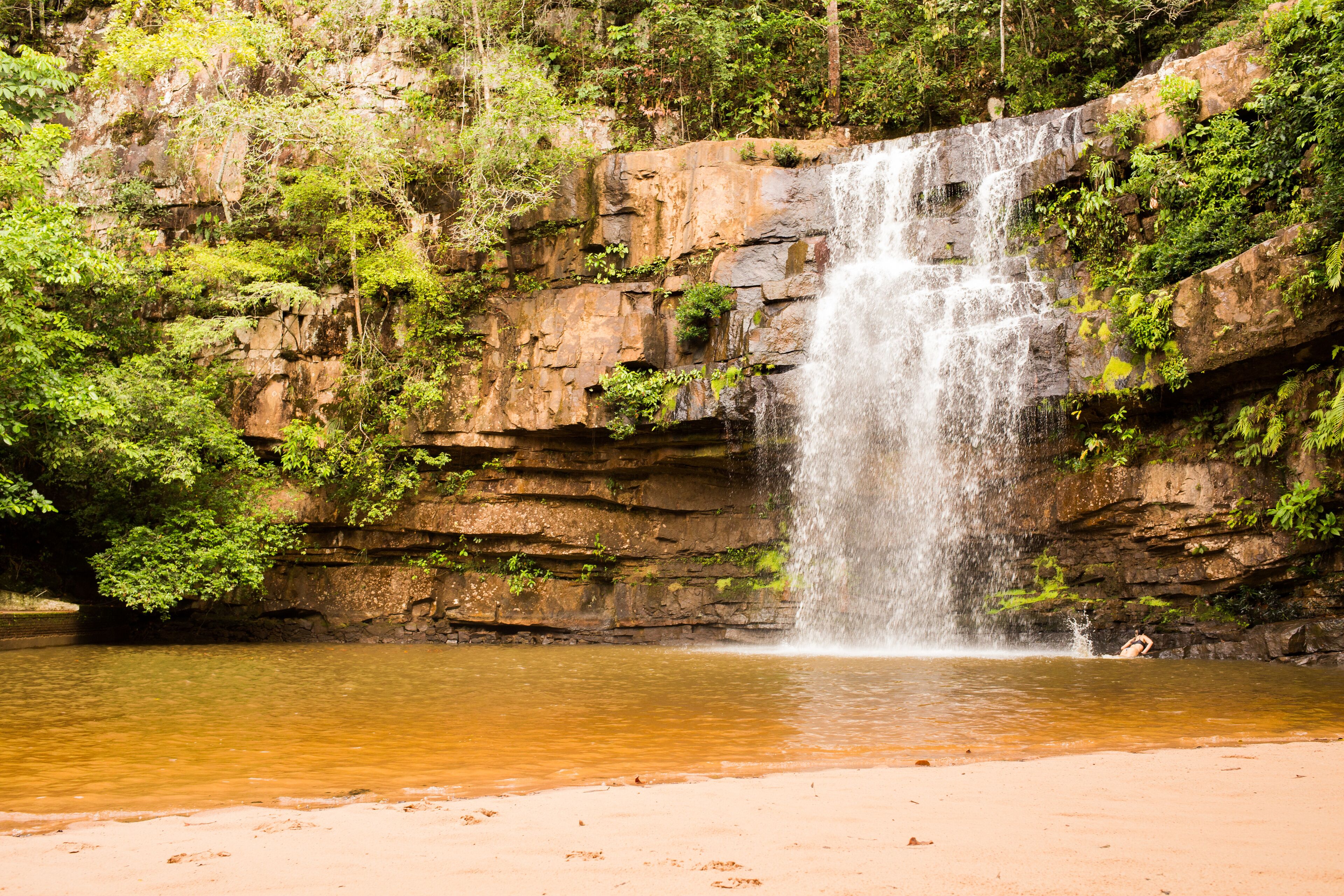 A waterfall cascading down a rocky cliff into a calm river surrounded by lush greenery.