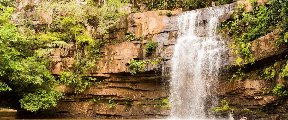 A waterfall cascading down a rocky cliff into a calm river surrounded by lush greenery.