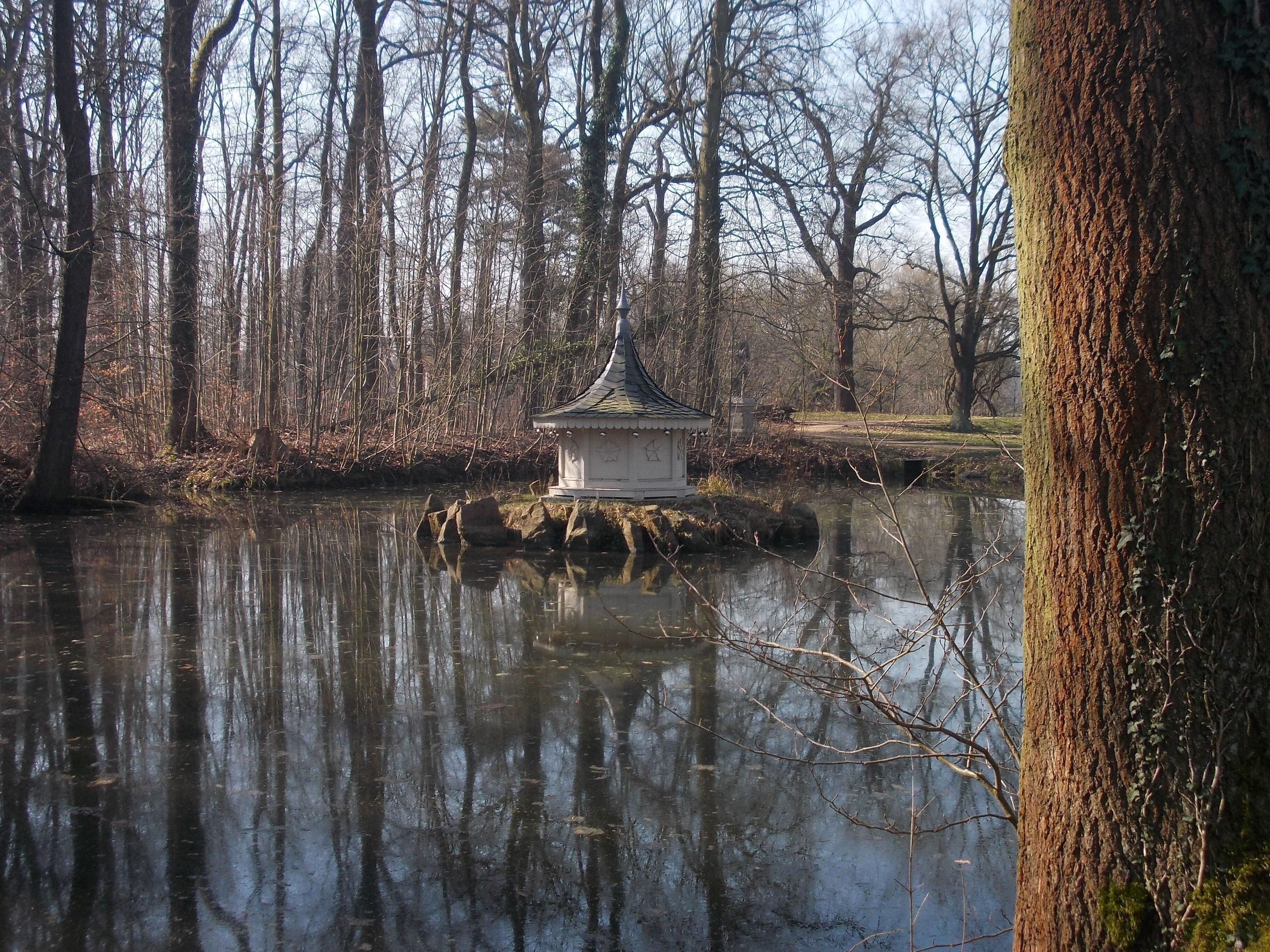 Swan house in the Rose Pond in the gardens of Lützschena Castle (Leipzig, Saxony)