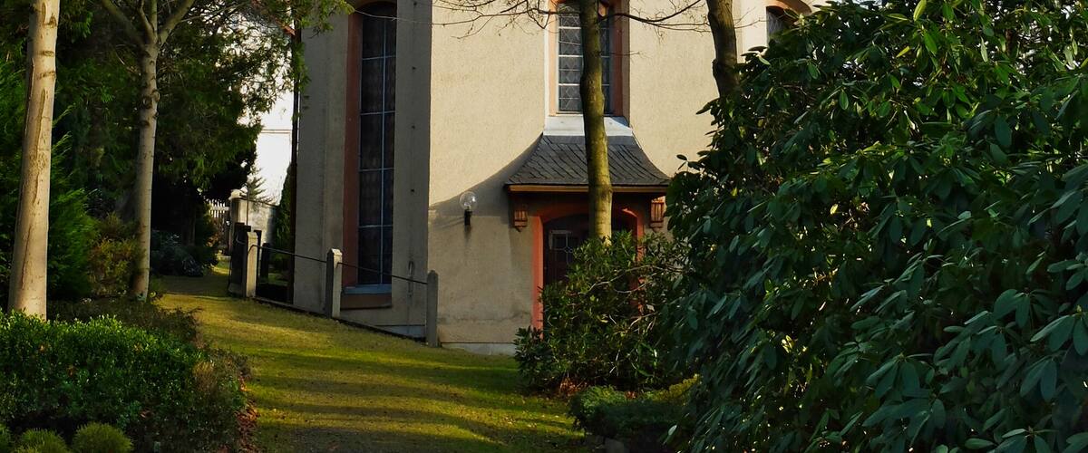 A church with a tall steeple surrounded by trees.