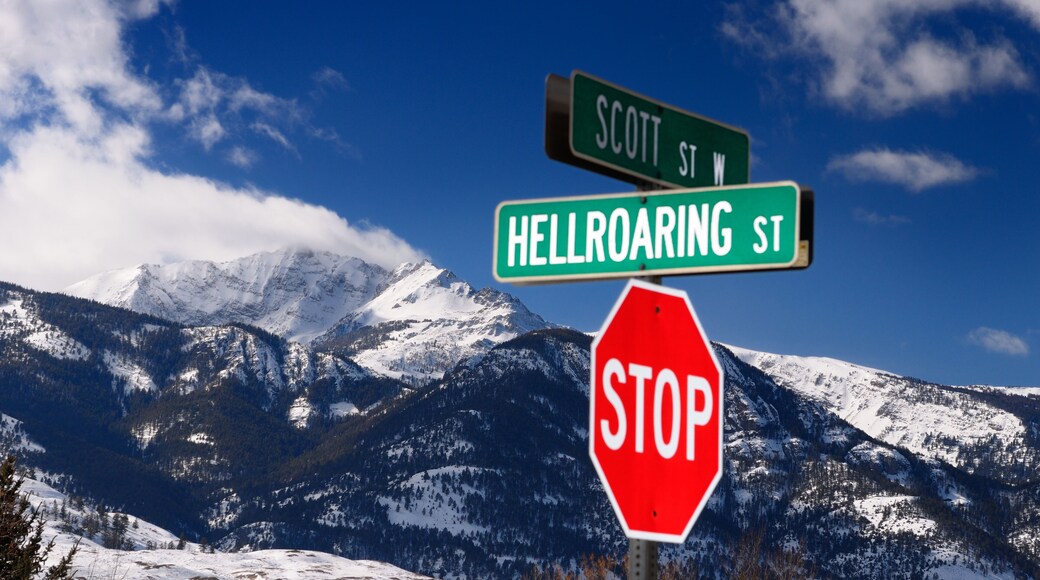 Stop sign on Hellroaring Street in Gardiner Montana with blue sky and Electric Peak