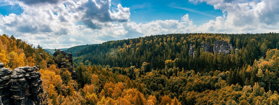A forested valley with autumn foliage and rock formations.