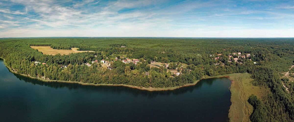 A lake surrounded by dense forests and a small village with red-roofed houses.