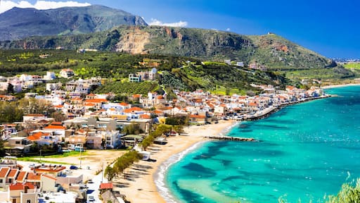 Greek summer holidays - beautiful Kalyves village with turquoise sea. Crete island, Greece travel