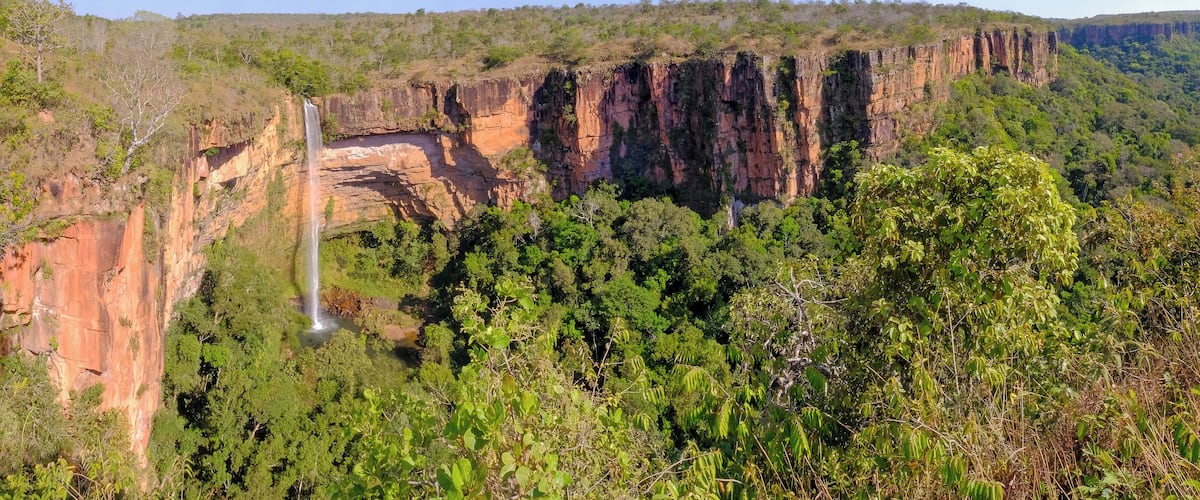 Beautiful Bridal Veil, Veu Da Bride waterfall in Chapada Dos Guimaraes National Park, Cuiaba, Mato Grosso, Brazil