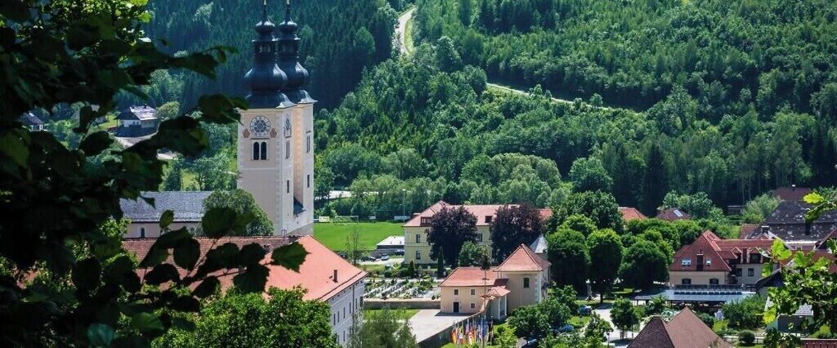 A town with a prominent church tower, surrounded by lush greenery and rolling hills.