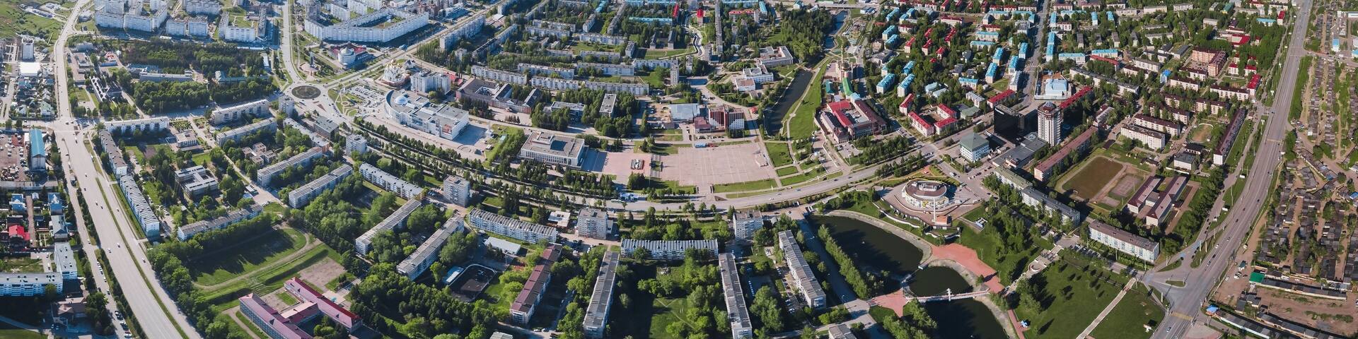 Aerial panoramic top view of Almetyevsk city.