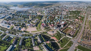 Aerial panoramic top view of Almetyevsk city.