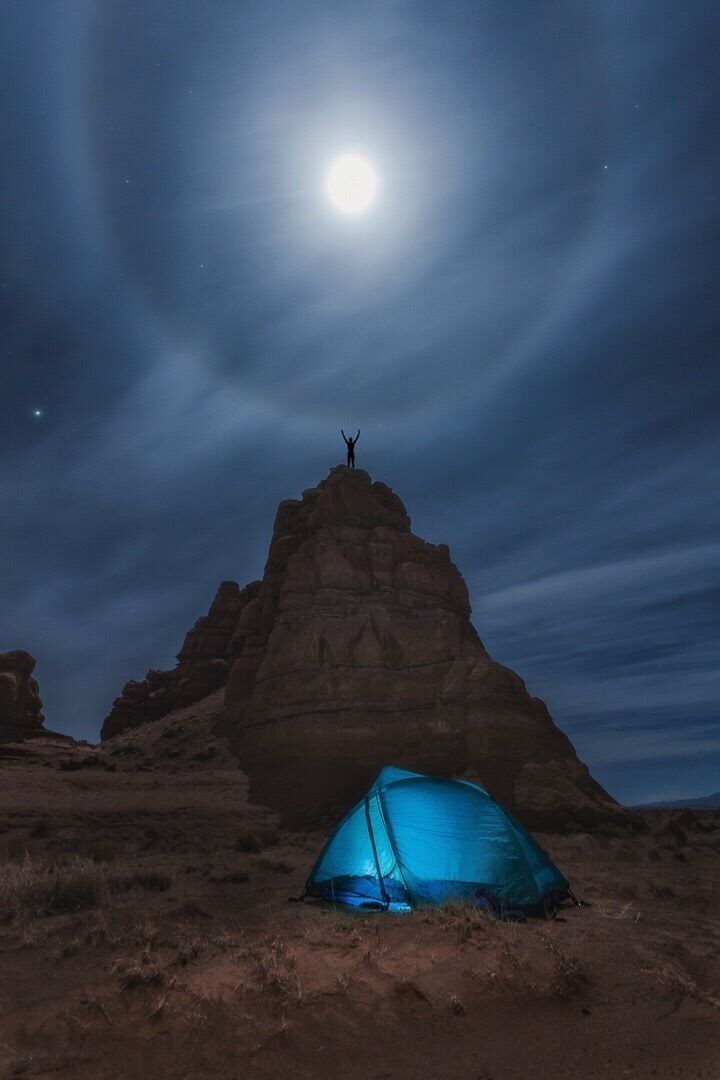 If you want an incredible desert camping experience, head to Central Utah! Spots like these are in abundance just outside the city of Hanksville, UT. On this night I was lucky enough to capture this moon dog in full effect.