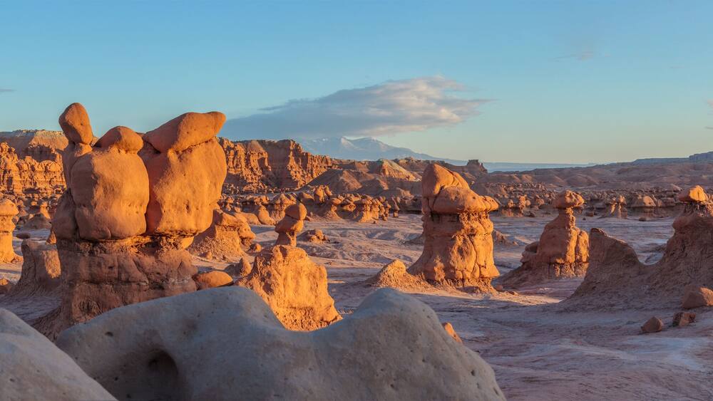 A desert landscape with unique rock formations.