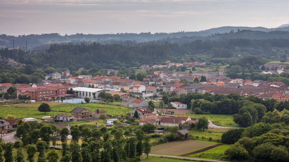 A town with red-roofed buildings, green fields, and a forested hill in the background.