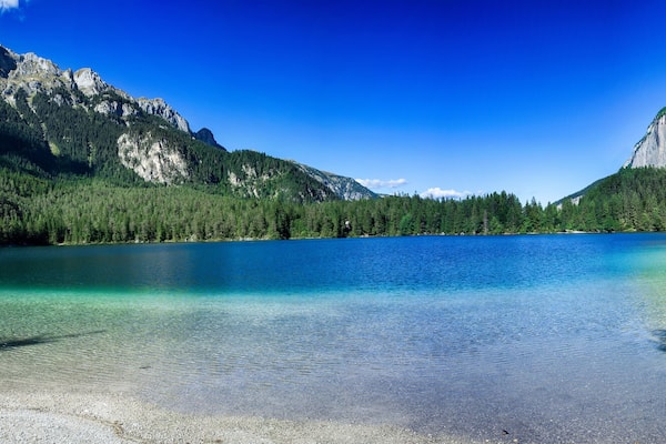 A mountain lake surrounded by forest and rocky cliffs.