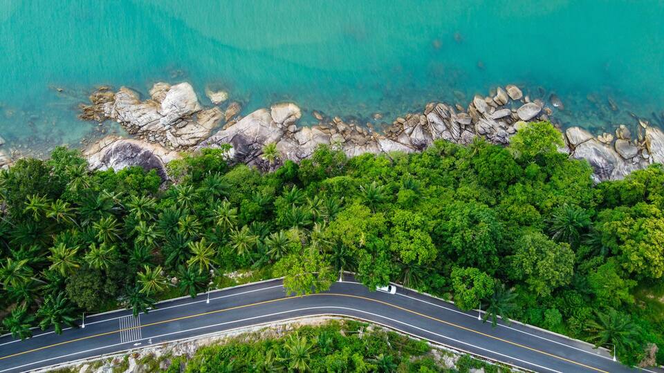 A coastal road winding through dense tropical foliage, leading to rocky shores and clear turquoise waters.