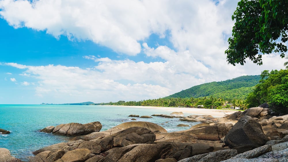 Wide panorama traveler woman in dress stand on rock joy nature scenic landscape Sichon beach, Panoramic view tourist travel thailand summer holiday vacation, Tourism beautiful destinations place Asia