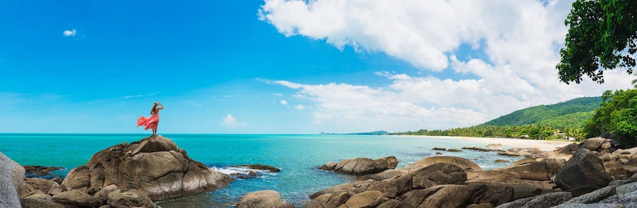 Wide panorama traveler woman in dress stand on rock joy nature scenic landscape Sichon beach, Panoramic view tourist travel thailand summer holiday vacation, Tourism beautiful destinations place Asia
