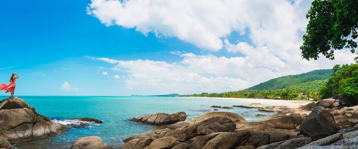 A woman in a pink dress standing on a rocky outcrop by a turquoise sea, with a beach and lush greenery in the background.