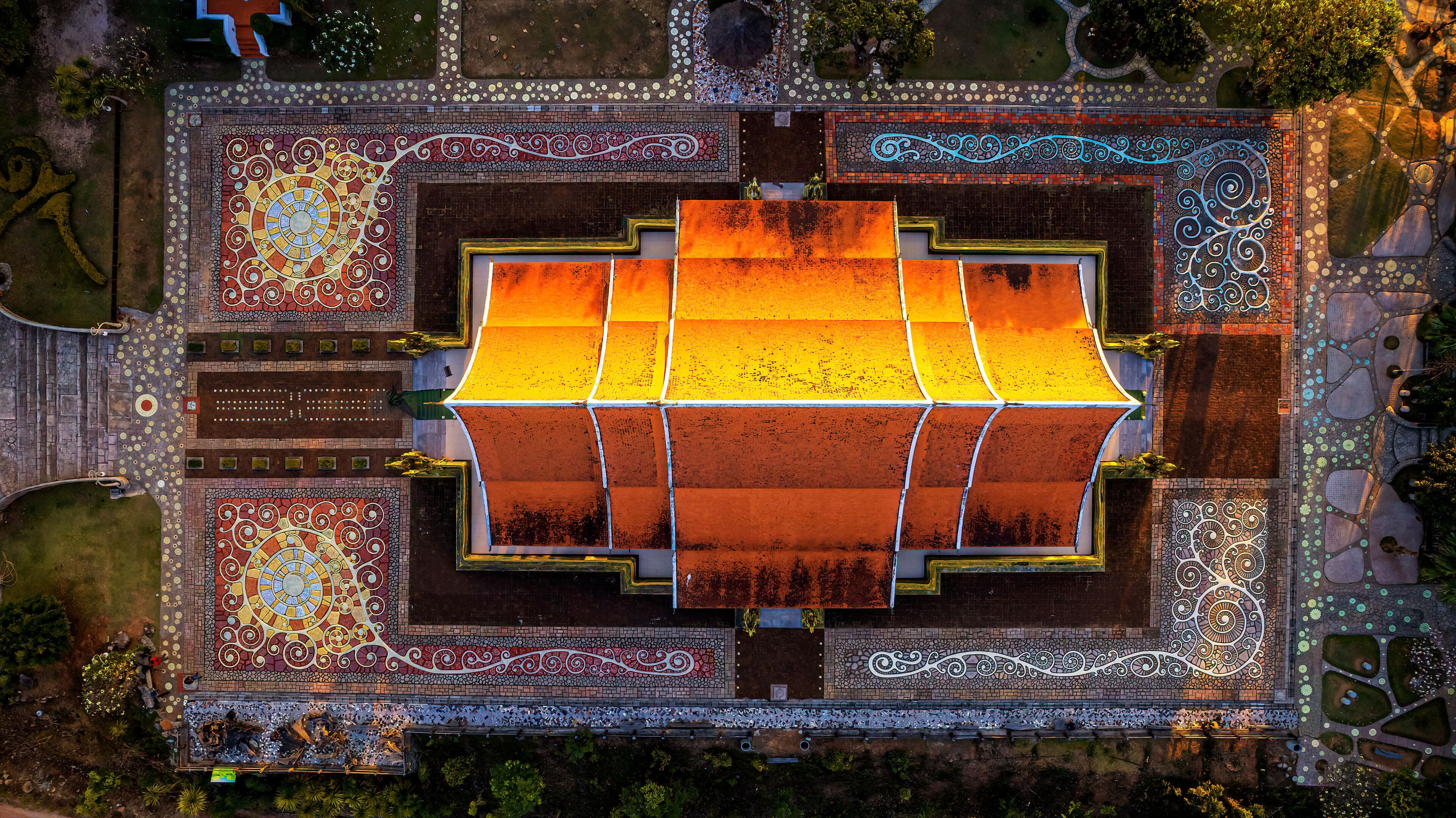 Aerial top view of  Sirindhorn Wararam Phu Prao Temple, ubonrachatani Phu prao temple in twilight at Thailand.