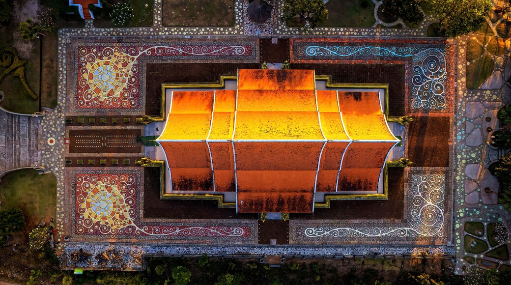 Aerial top view of Sirindhorn Wararam Phu Prao Temple, ubonrachatani Phu prao temple in twilight at Thailand.