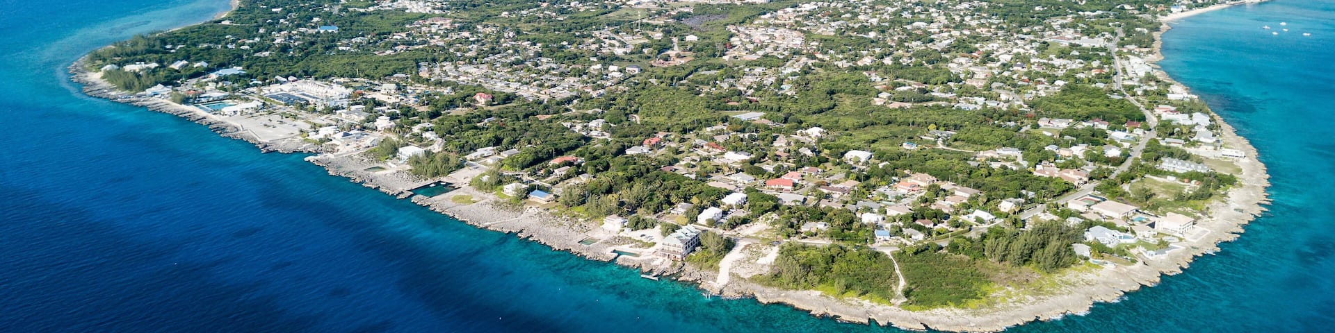 Aerial view of Grand Cayman and its surrounding coral reef