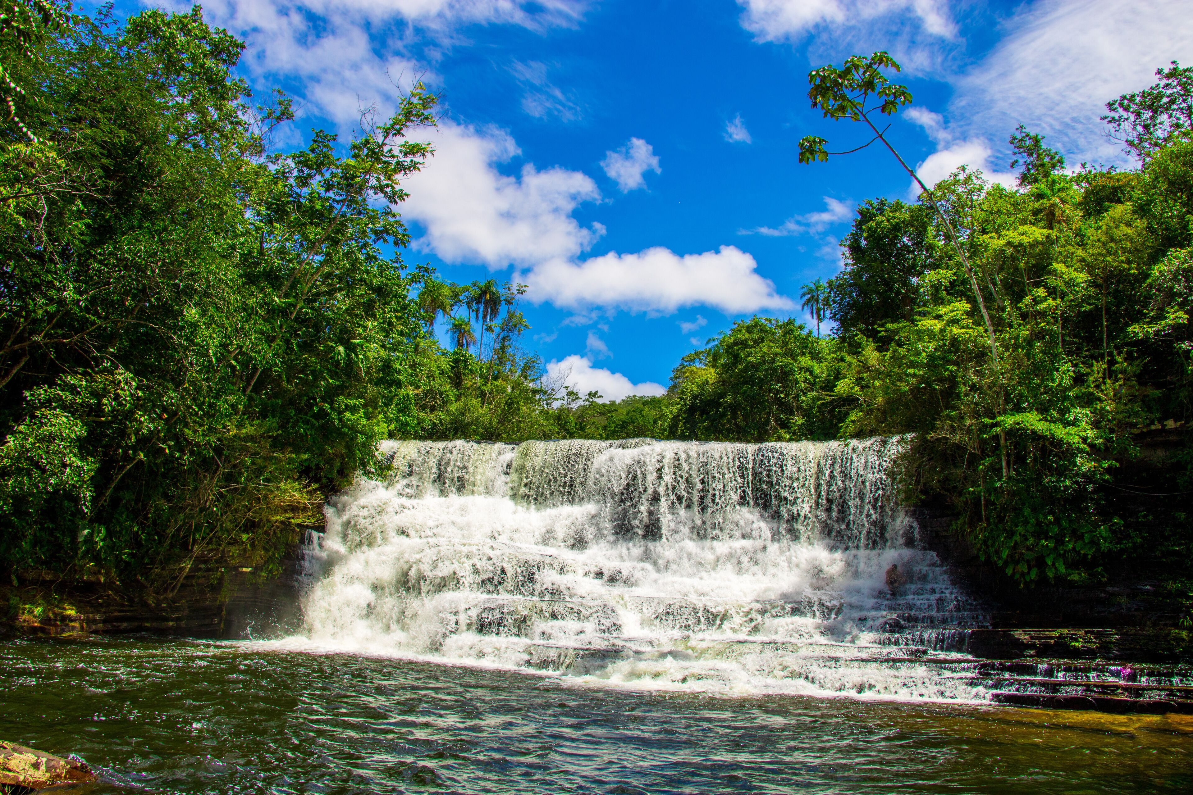 A waterfall cascading into a river surrounded by dense green foliage under a clear blue sky.
