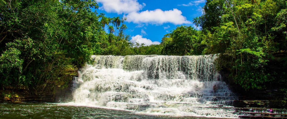 A waterfall cascading into a river surrounded by dense green foliage under a clear blue sky.