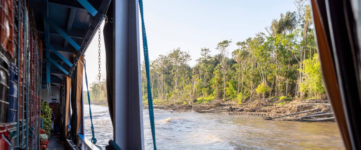 A river with a boat, surrounded by dense forest and trees.