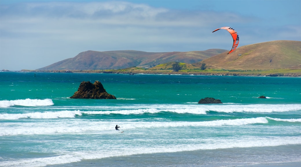 Morro Strand State Beach som omfatter surfing og udsigt over kystområde