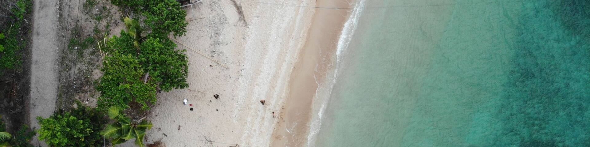 An aerial view of a beach with clear turquoise water, a sandy shore, and a few boats.