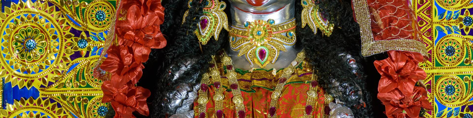 Idol of Goddess Maa Kali at a decorated puja pandal in Kolkata, West Bengal, India. Kali puja also known as Shyama Puja is a famous religious festival of Hinduism.
