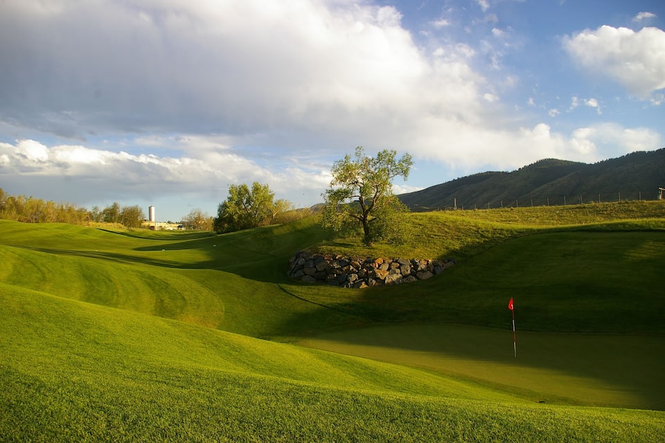 Een golfbaan met glooiende groene heuvels, een eenzame boom, een stenen muur en een rode vlag die de hole markeert.