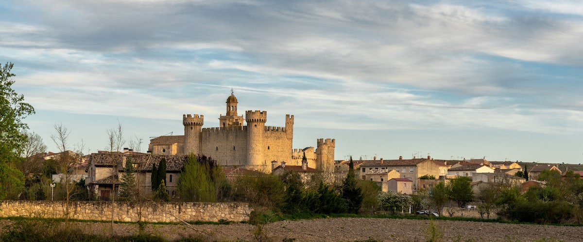 A historic castle with multiple towers and a surrounding village.