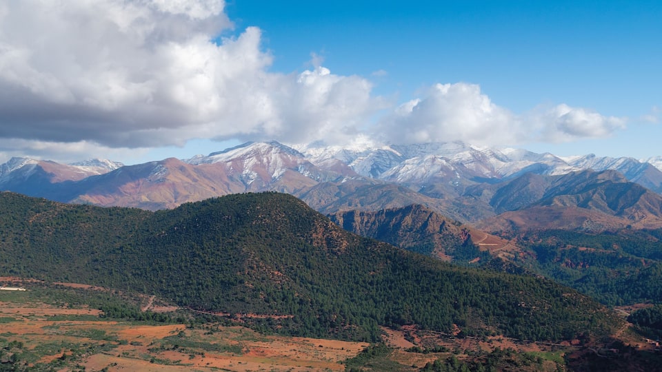 A mountainous landscape with snow-capped peaks, dense forests, and a clear sky.