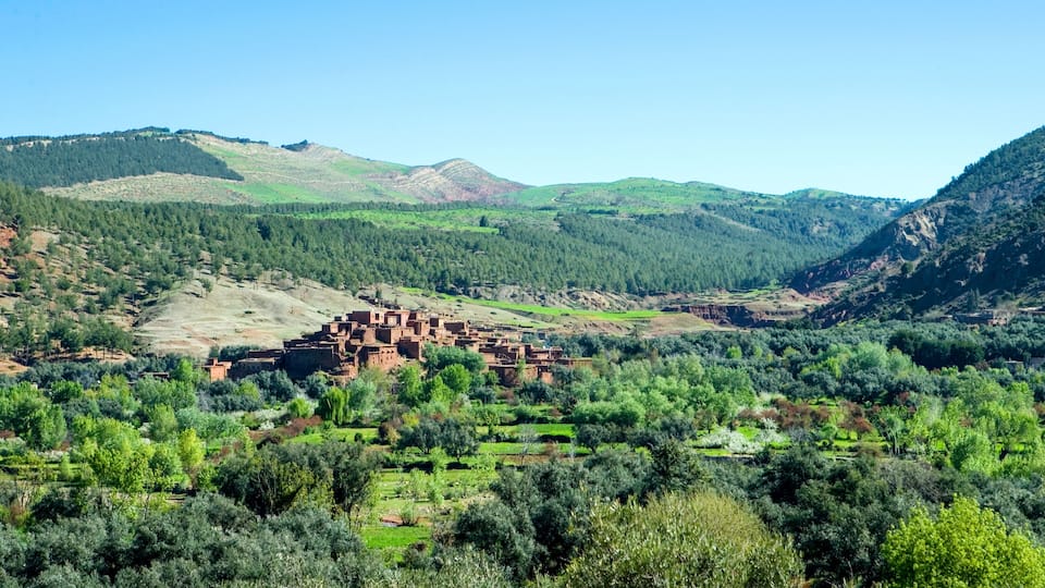 A mountainous landscape with terraced fields, a village with traditional buildings, and dense forested hills.