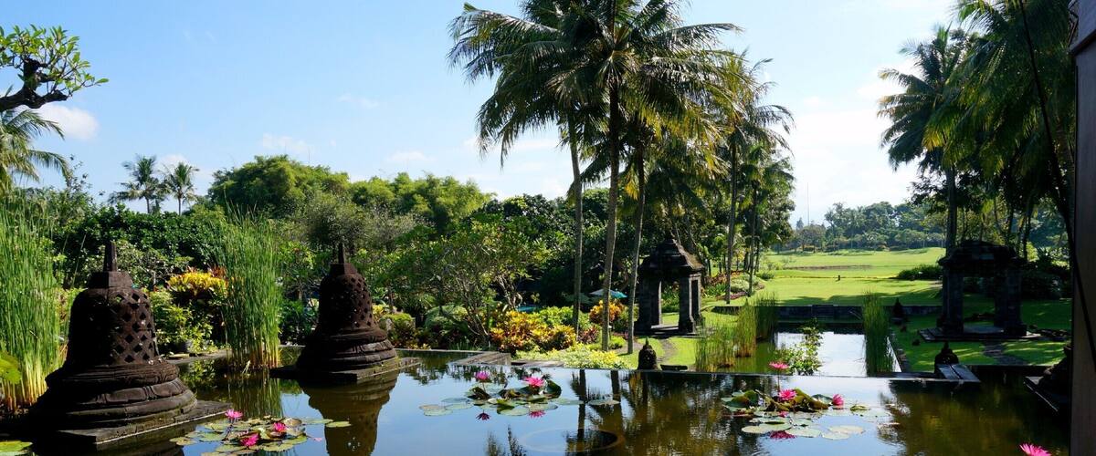A serene garden with a pond, lotus flowers, and traditional stone structures.