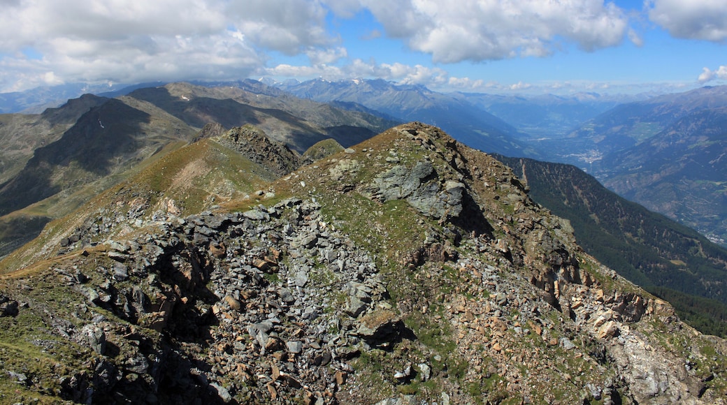 Auf dem Gipfel der Naturnser Hochwart (2608 m.ĂŒ.M.). Der Blick geht hier auf dem Gipfelkamm in Richtung Westen ins Ortlergebiet. Rechts unten liegt der Vinschgau. Die Naturnser Hochwart (italienisch Guardia Alta) ist ein 2608 Meter hoher Berg im Zufrittkamm der Ortler-Alpen. Die Hochwart befindet sich im italienischen SĂŒdtirol und trennt die Vinschger Gemeinde Naturns von der Ultner St. Pankraz.