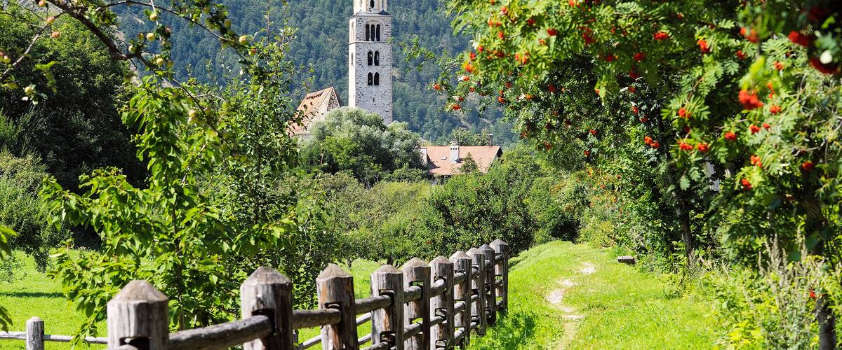 A wooden fence, a path, and a church tower with a pointed roof in a lush green valley.