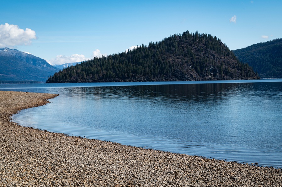 A photo of Copper Island taken from the North Shore of Shuswap Lake in British Columbia, Canada. The area is popular for kayaking and hiking.
