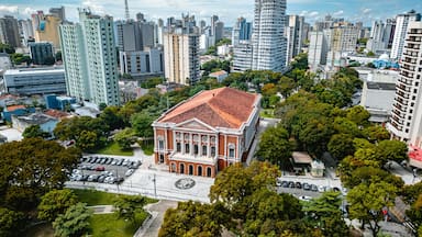 A cityscape with a prominent red-roofed building surrounded by greenery and modern high-rise buildings.