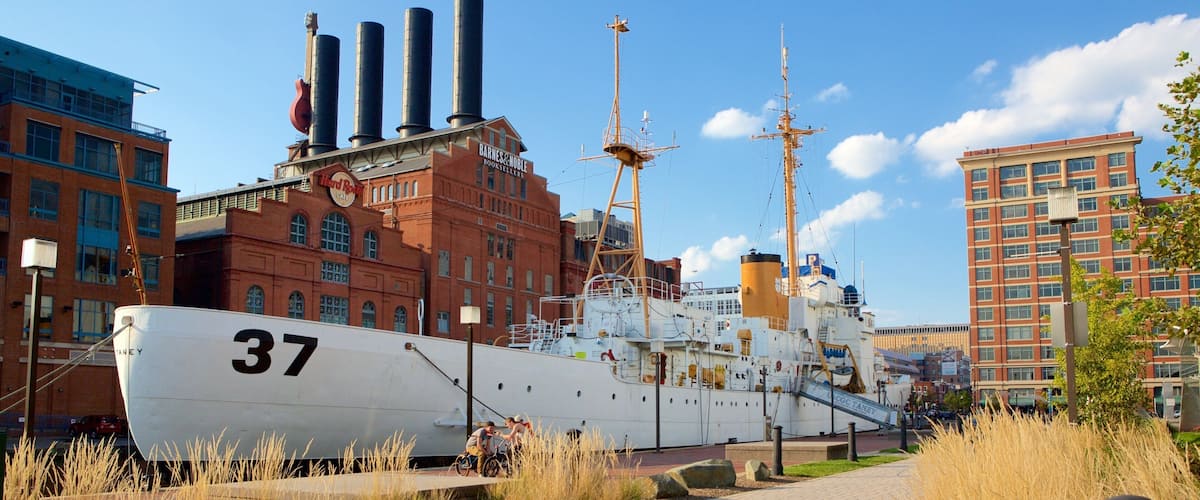 USCGC Taney showing heritage architecture and a marina