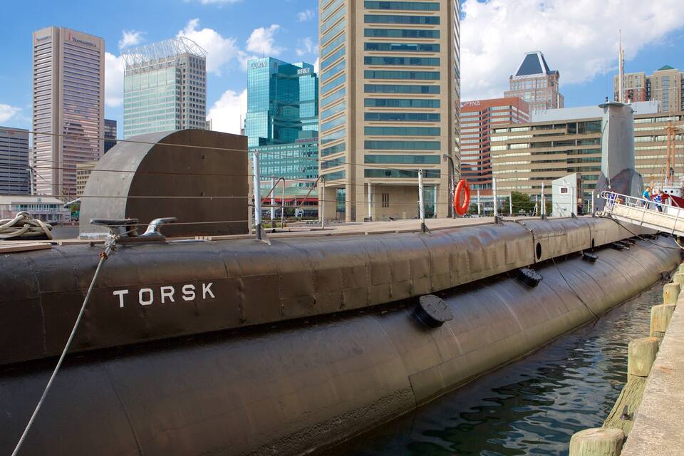 A large submarine docked at a pier with a city skyline in the background.