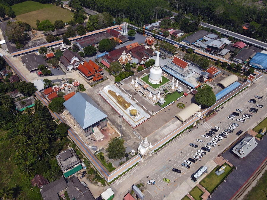 Aerial shot of the reclining statue of Buddha near the Wat That Noi temple in Chang Klang, Thailand