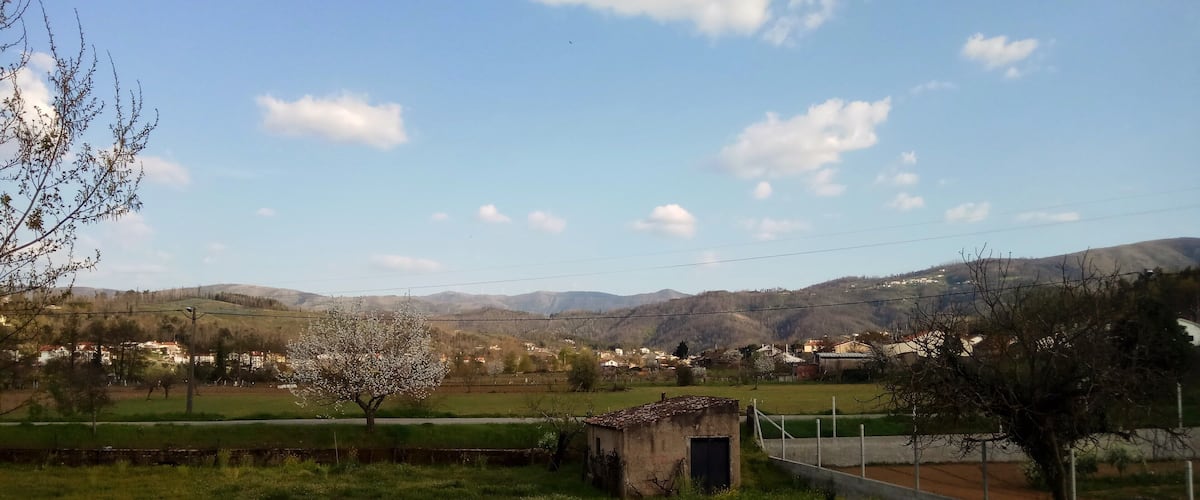 A rural landscape with a small building, a tree, and a clear sky.