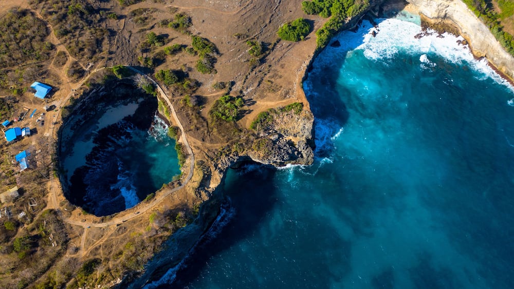 Drone Shot of Pasih Uug Broken Beach at Nusa Penida, Bali - Indonesia