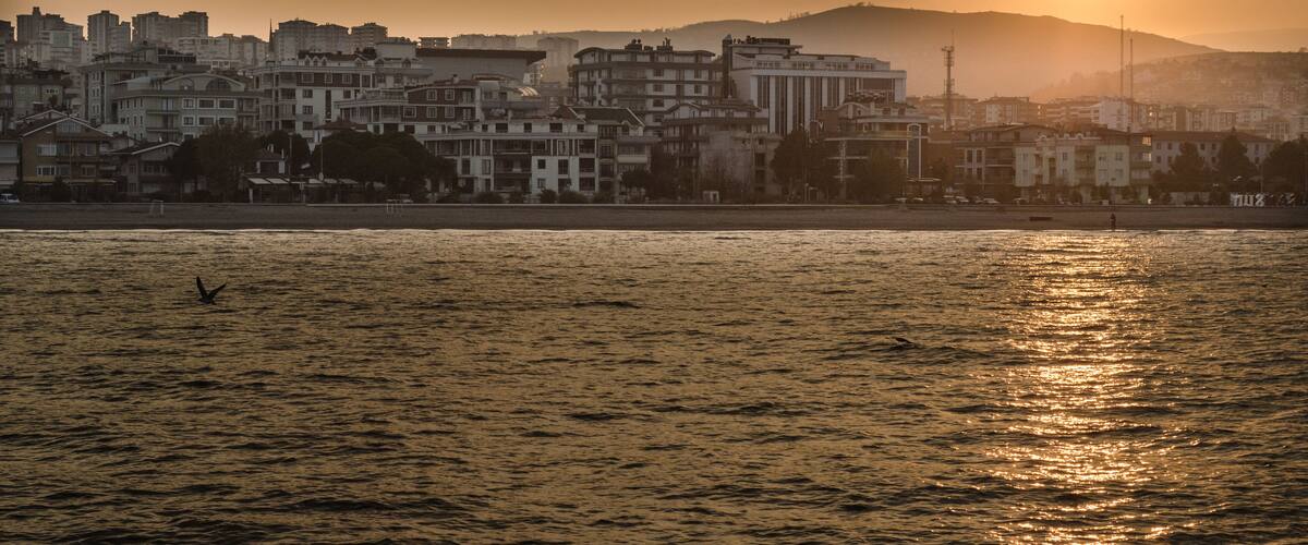 A sunset over a cityscape with buildings and a body of water.