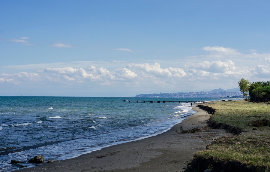 Una playa con olas, un muelle y el horizonte lejano de una ciudad.
